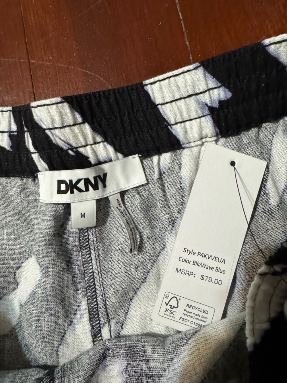 NWT Womens Pants Linen Printed Drawstring Black/ Wave Blue Multi size M - Picture 4 of 6